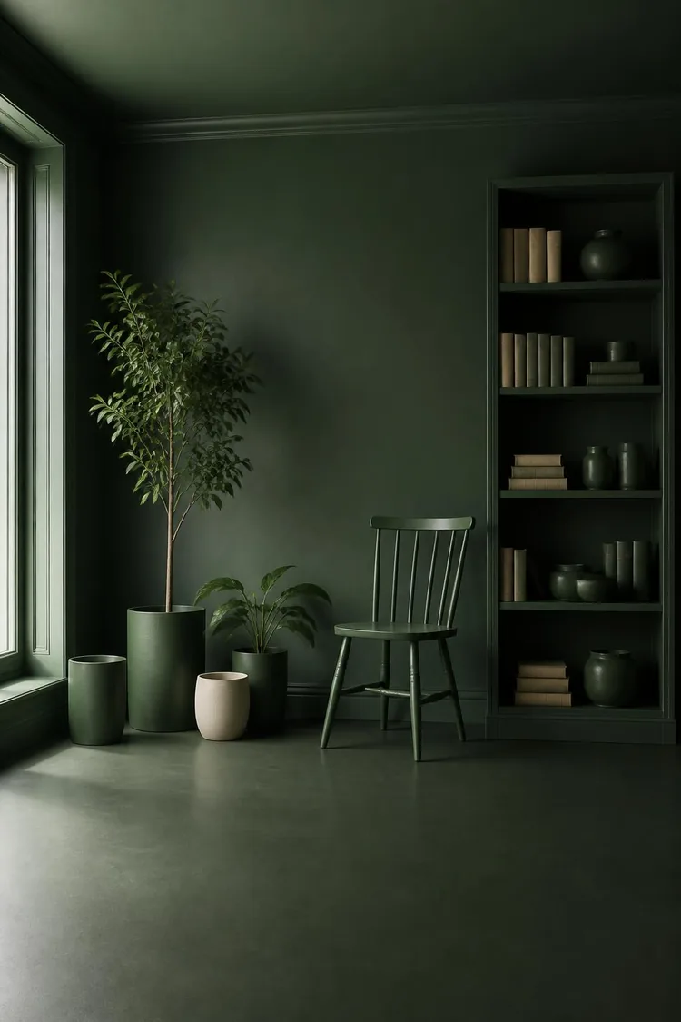 A studio room colour-drenched in Cameron Green™ — painted chair, bookshelf, skirting, vases and plant pots
